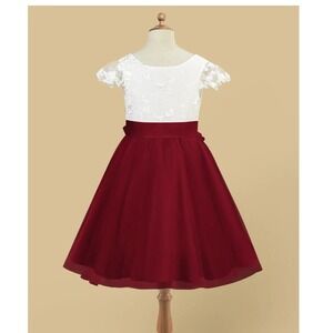 Azazie Vetty Kids Flower Girl Dress Ivory Burgundy Lace Tulle Bow girls size 3